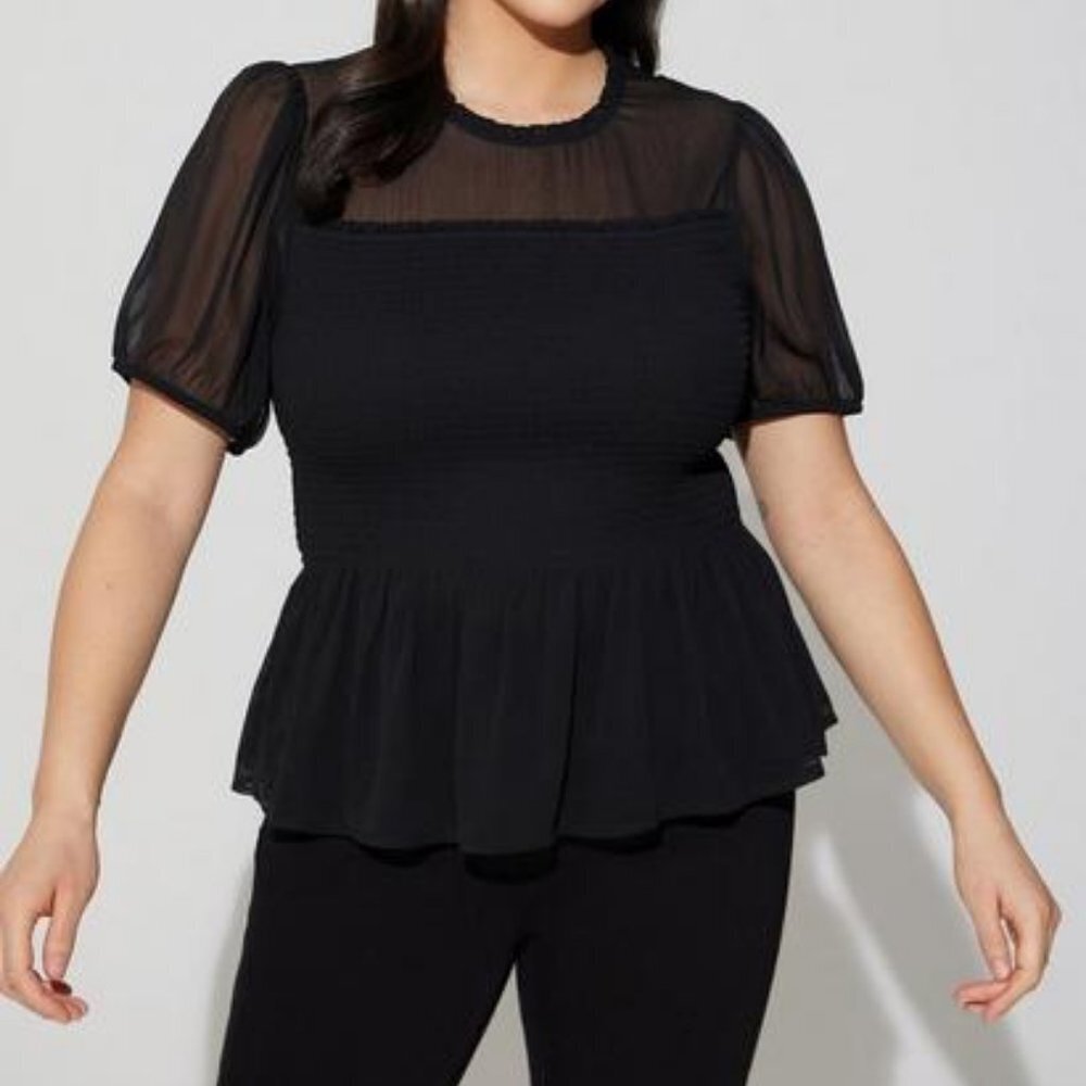 Chiffon Ruffle Mock Neck Smocked Top